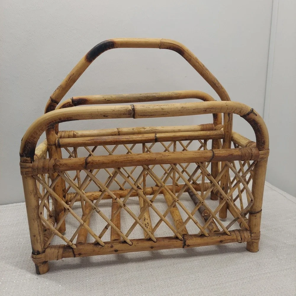 Vintage Bamboo Magazine Rack Rattan Book Caddy Boho MCM Storage Basket Handle